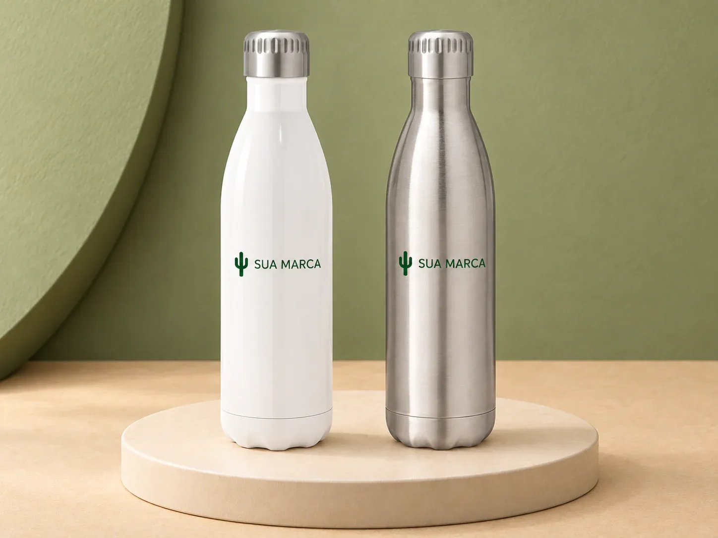 Garrafa térmica em aço inox 800 ml, com exemplo de personalização colorida: um cacto e o texto “SUA MARCA” impressos em cor