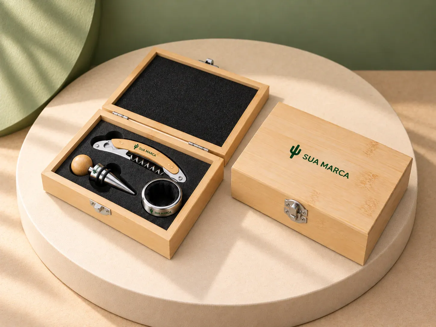 Kit vinho em bambu com 3 peças, com exemplo de personalização colorida: um cacto e o texto “SUA MARCA” impressos em cor