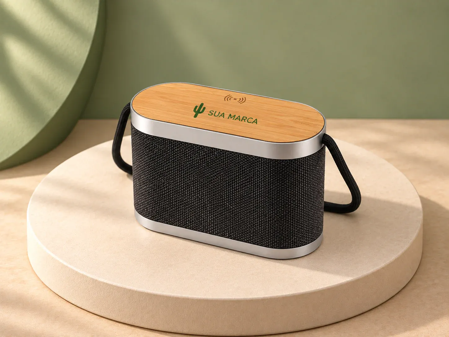 Caixa de som Bluetooth 5 W com carregador por indução, com exemplo de personalização colorida: um cacto e o texto “SUA MARCA” impressos em cor