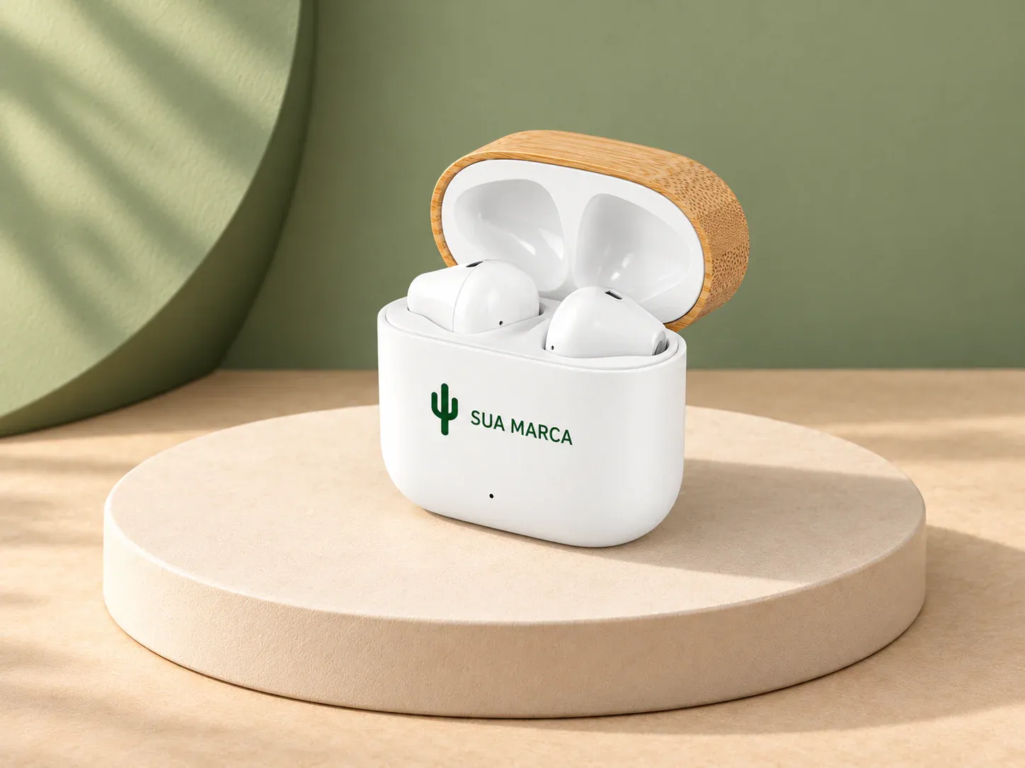 Fones de ouvido wireless em ABS reciclado e bambu com autonomia de 5h, com exemplo de personalização colorida: um cacto e o texto “SUA MARCA” impressos em cor