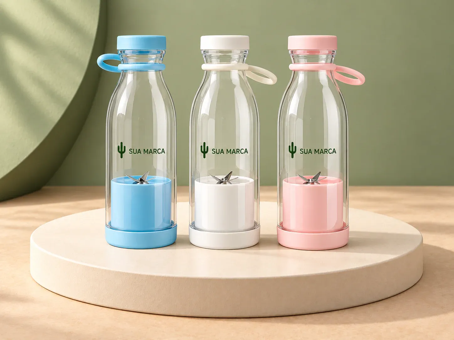 Garrafa com misturador 380 ml, com exemplo de personalização colorida: um cacto e o texto “SUA MARCA” impressos em cor