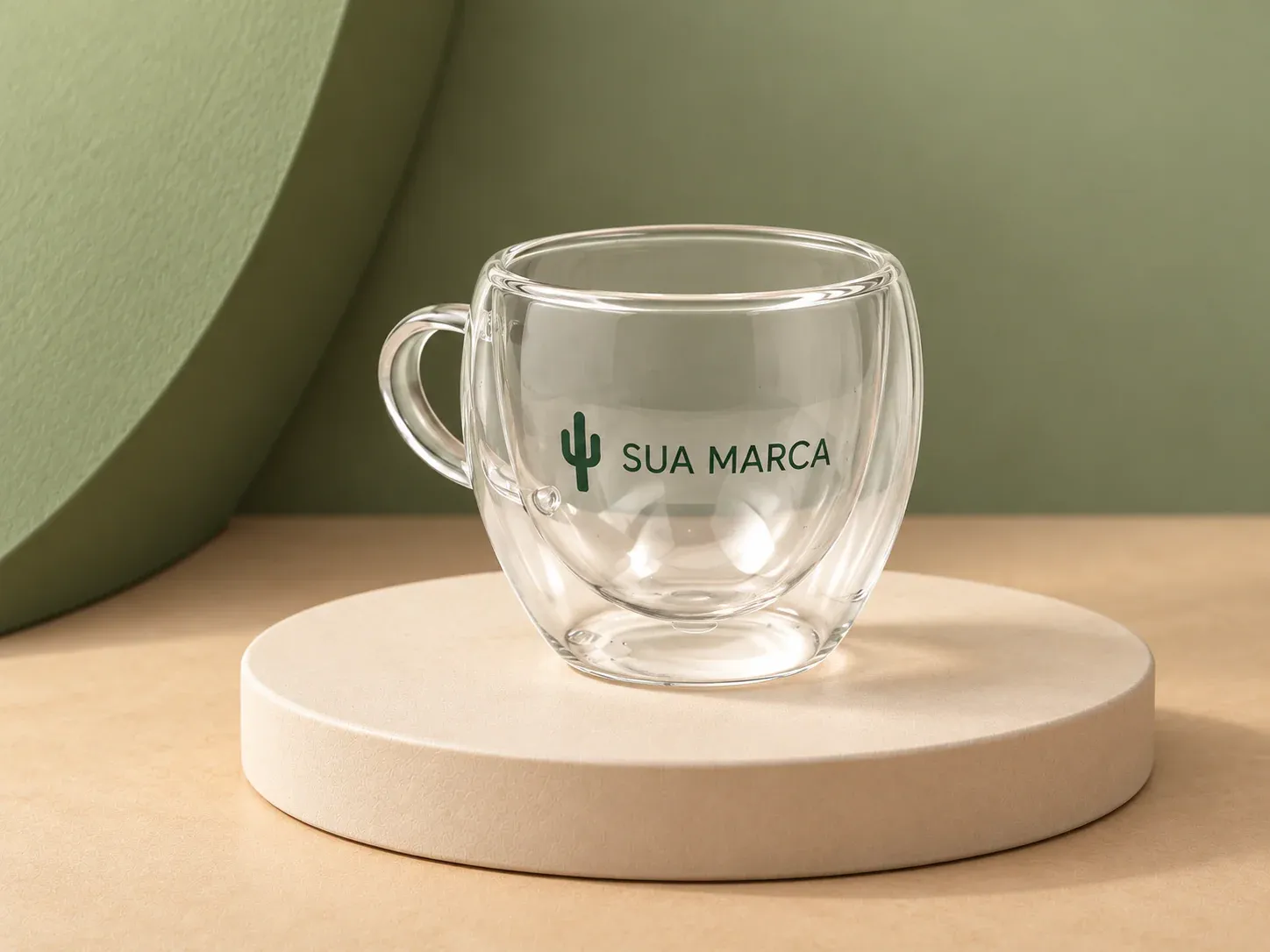 Xícara de vidro 80 ml, com exemplo de personalização colorida: um cacto e o texto “SUA MARCA” impressos em cor