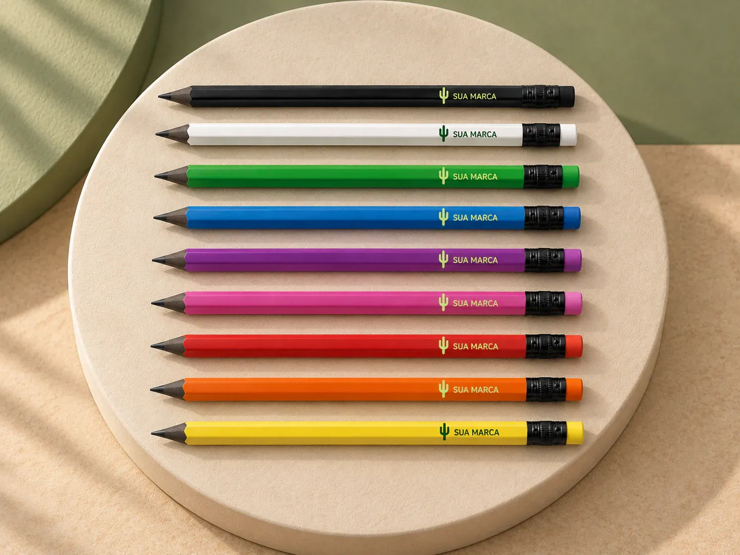 Lápis em resina 100% reciclada com borracha, com exemplo de personalização colorida: um cacto e o texto “SUA MARCA” impressos em cor