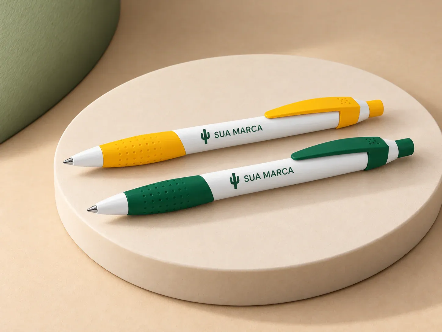 Caneta plástica, com exemplo de personalização colorida: um cacto e o texto “SUA MARCA” impressos em cor
