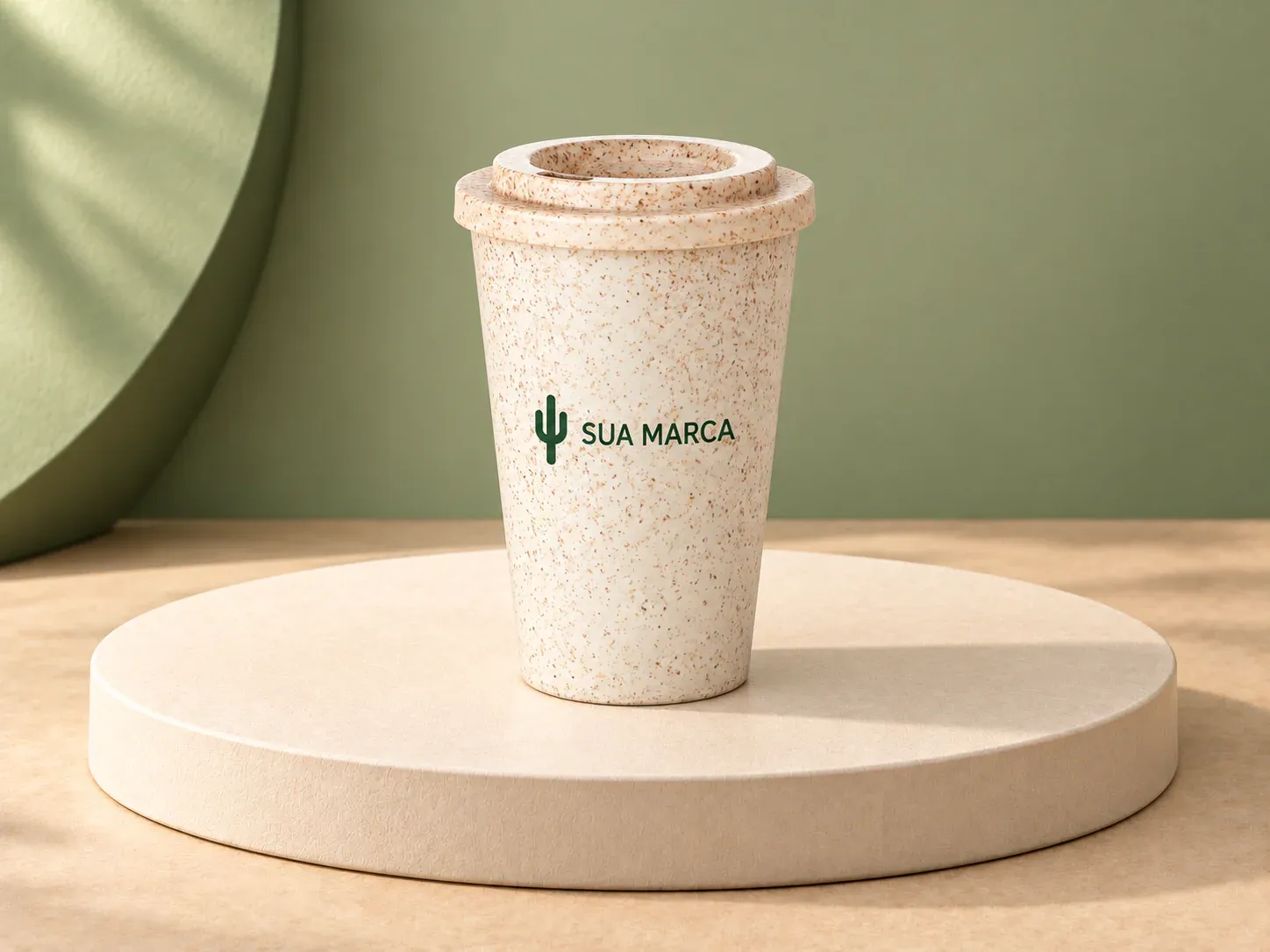 Copo fibra de madeira 400 ml, com exemplo de personalização colorida: um cacto e o texto “SUA MARCA” impressos em cor