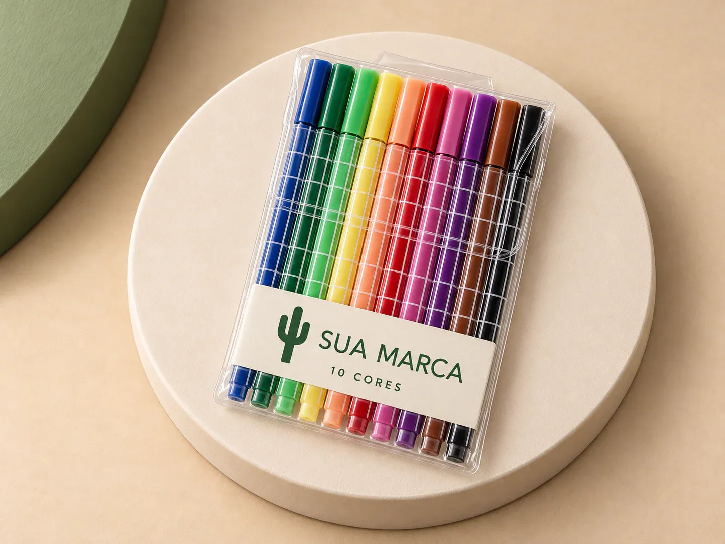 Kit canetinhas traço fino 10 cores, com exemplo de personalização colorida: um cacto e o texto “SUA MARCA” impressos em cor