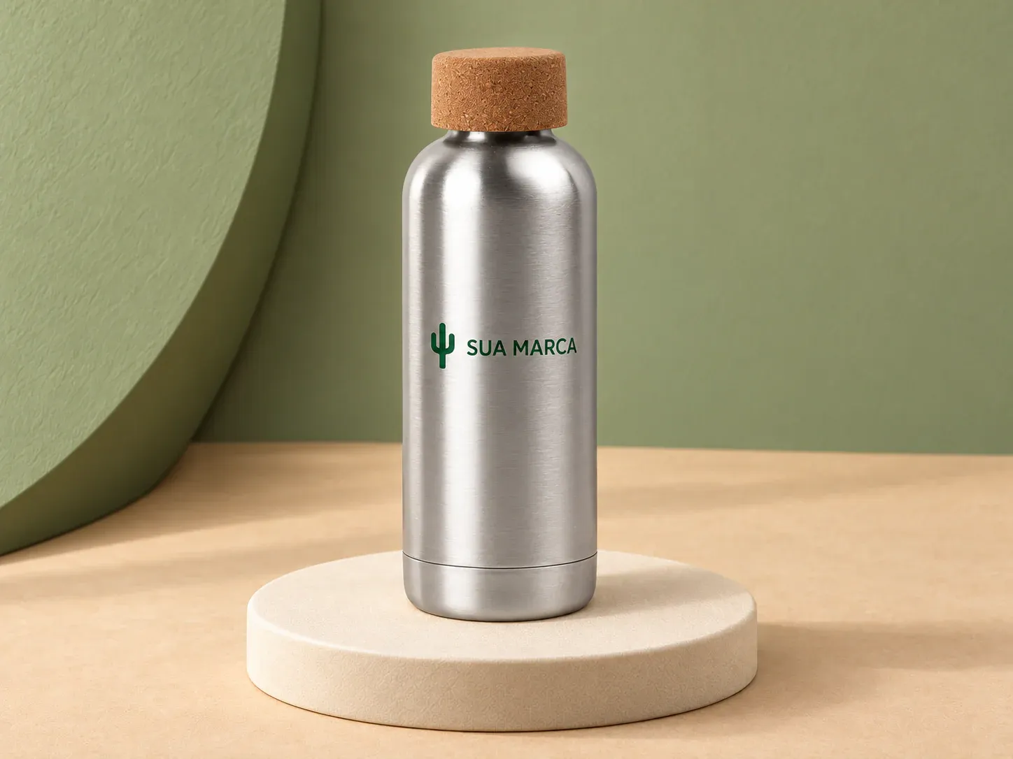 Squeeze em aço inox 760 ml com tampa em cortiça, com exemplo de personalização colorida: um cacto e o texto “SUA MARCA” impressos em cor