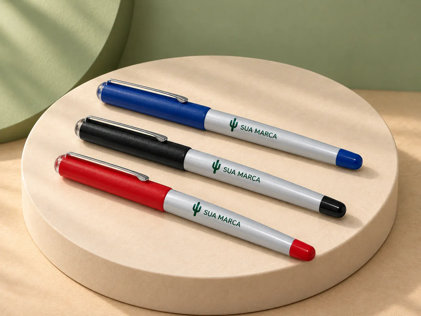 Caneta rollerball plástica, com exemplo de personalização colorida: um cacto e o texto “SUA MARCA” impressos em cor