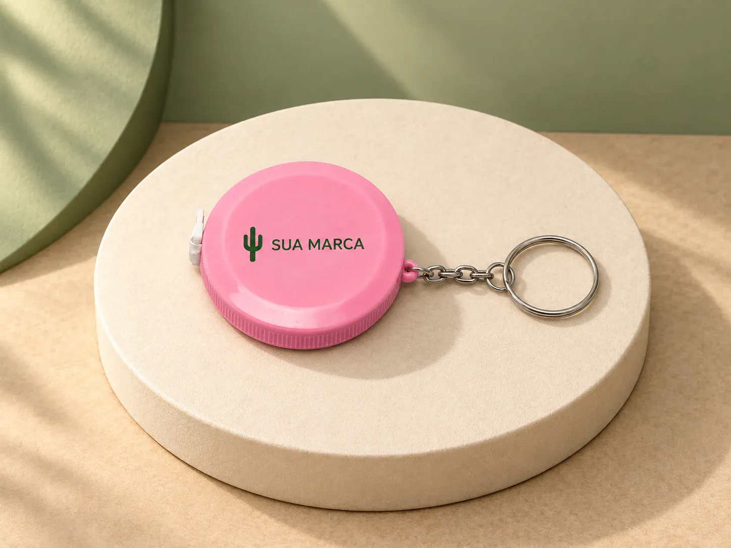 Fita métrica plástica de 1,5m, com exemplo de personalização colorida: um cacto e o texto “SUA MARCA” impressos em cor