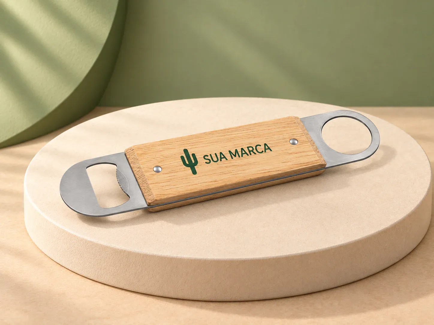 Abridor de garrafas duplo em aço inox com corpo em madeira de faia, com exemplo de personalização colorida: um cacto e o texto “SUA MARCA” impressos em cor