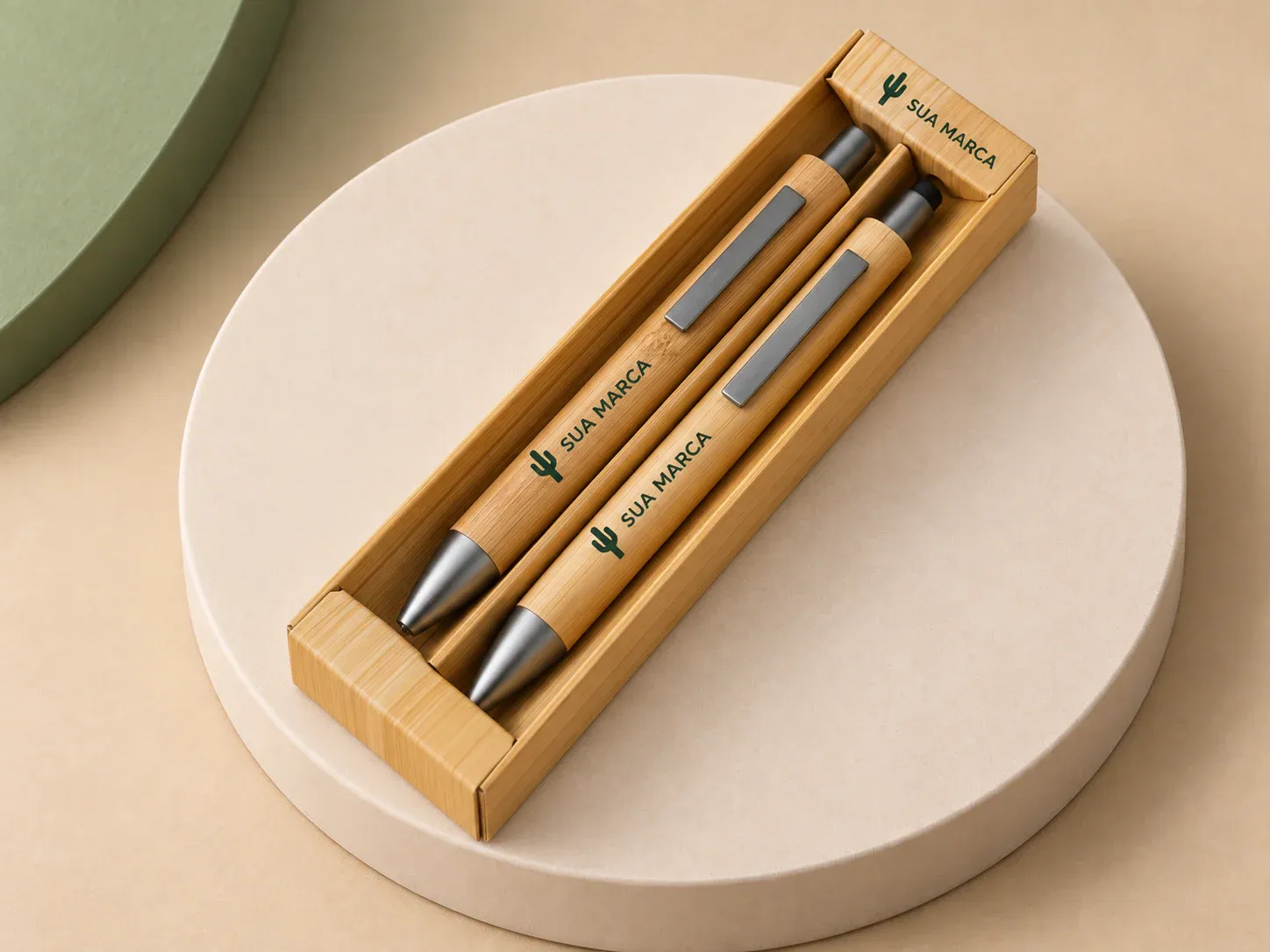 Kit ecológico caneta e lapiseira bambu, com exemplo de personalização colorida: um cacto e o texto “SUA MARCA” impressos em cor