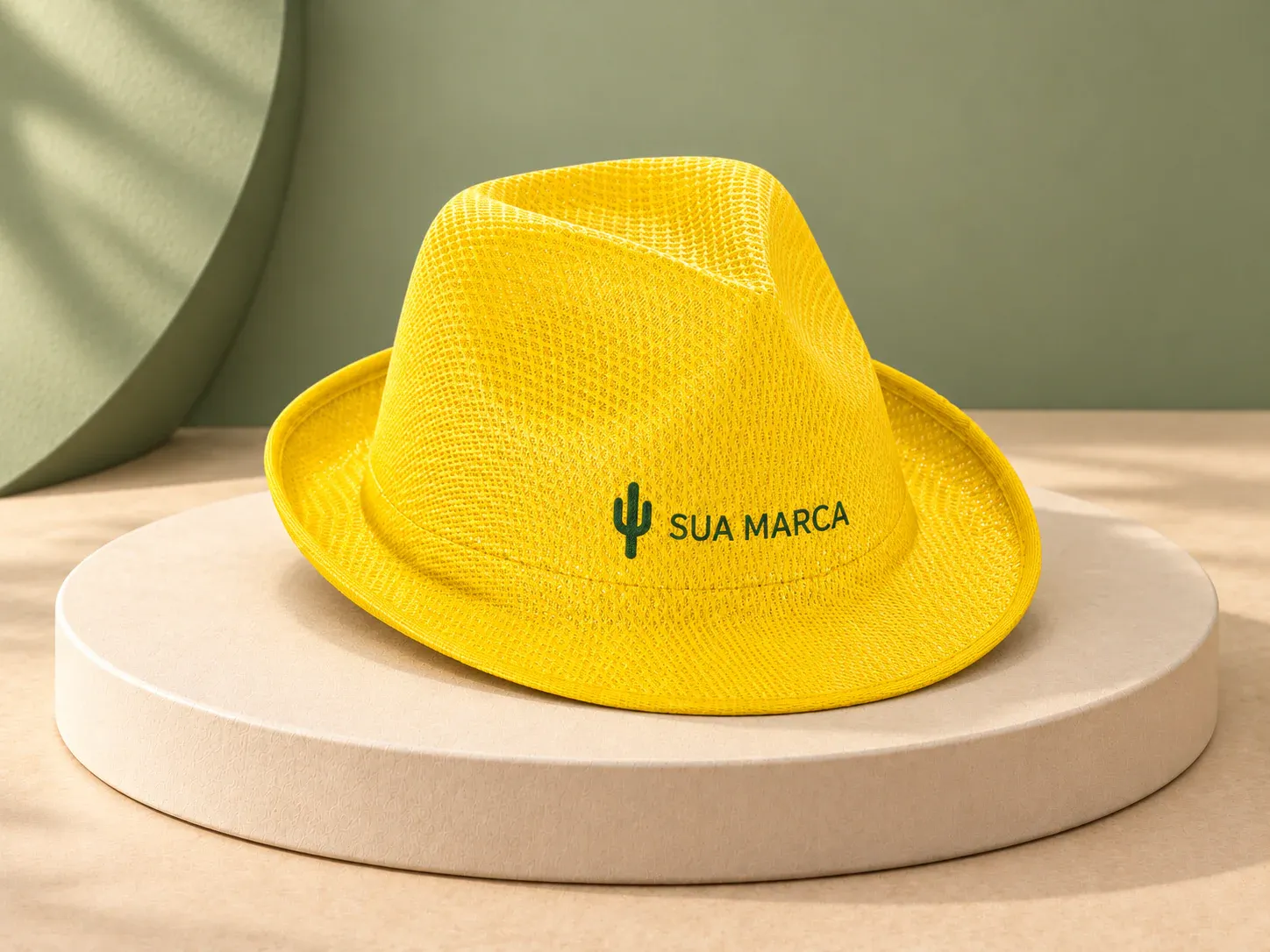 Chapéu em PP, com exemplo de personalização colorida: um cacto e o texto “SUA MARCA” impressos em cor