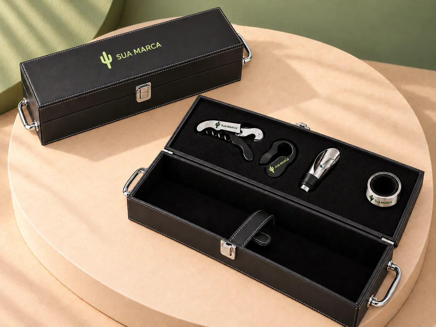 Kit vinho 4 peças, com exemplo de personalização colorida: um cacto e o texto “SUA MARCA” impressos em cor