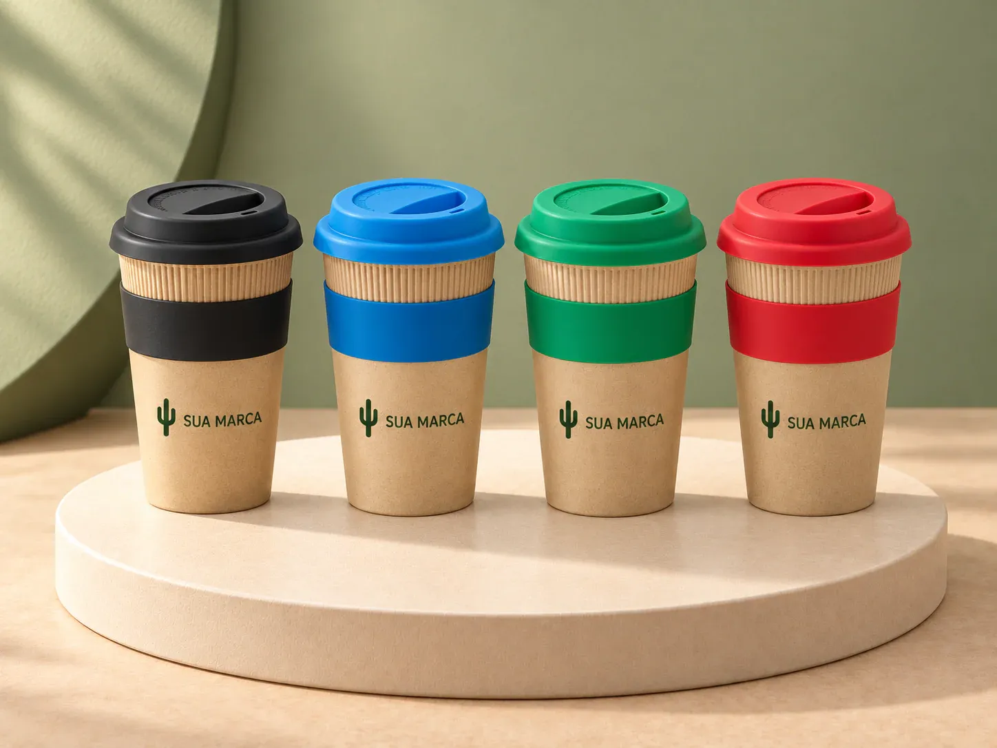 Copo fibra de bambu 450 ml, com exemplo de personalização colorida: um cacto e o texto “SUA MARCA” impressos em cor