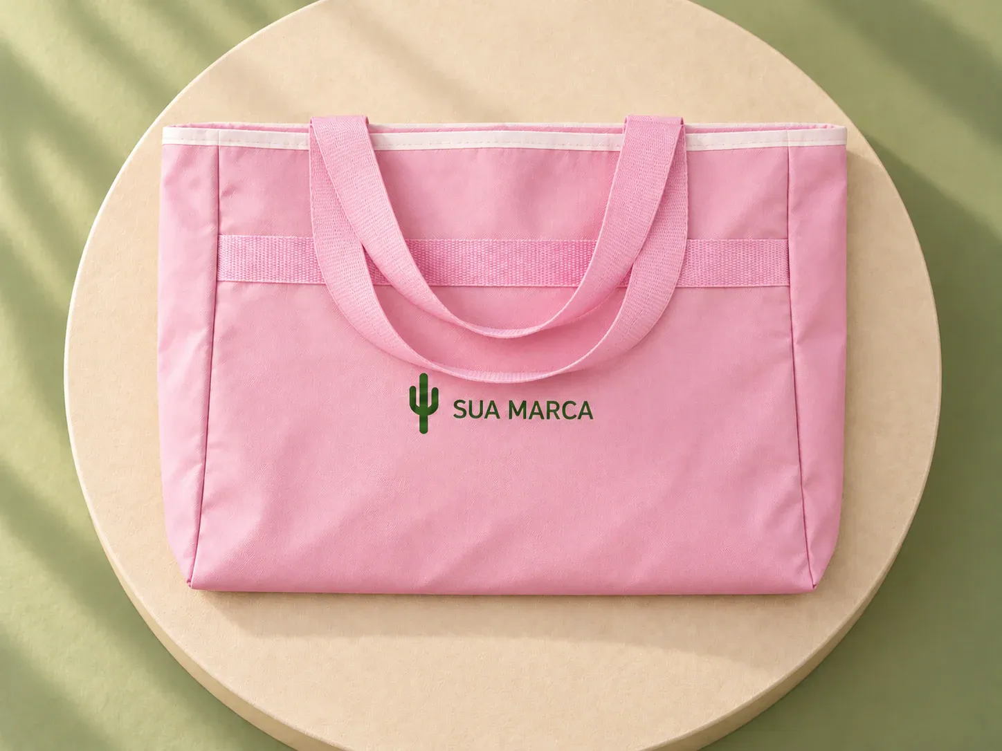 Sacola de nylon 600, com exemplo de personalização colorida: um cacto e o texto “SUA MARCA” impressos em cor