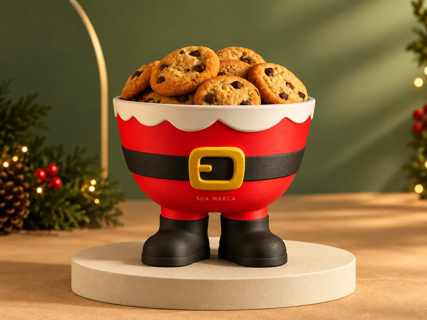 Pote porta-biscoitos em formato de Papai Noel, com exemplo de personalização colorida: um cacto e o texto “SUA MARCA” impressos em cor