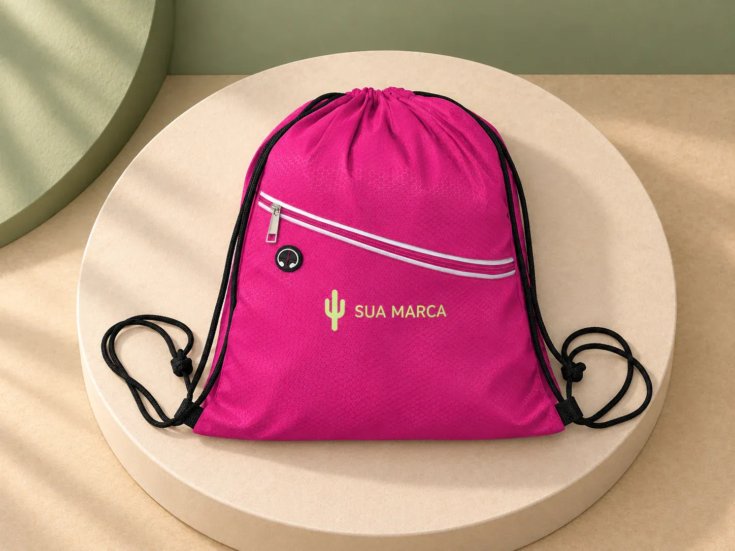 Mochila saco em poliéster, com exemplo de personalização colorida: um cacto e o texto “SUA MARCA” impressos em cor