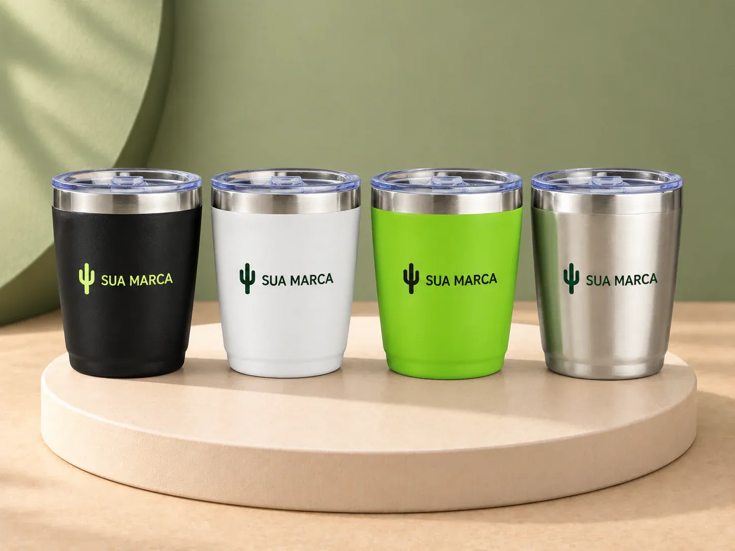 Copo térmico 200 ml, com exemplo de personalização colorida: um cacto e o texto “SUA MARCA” impressos em cor