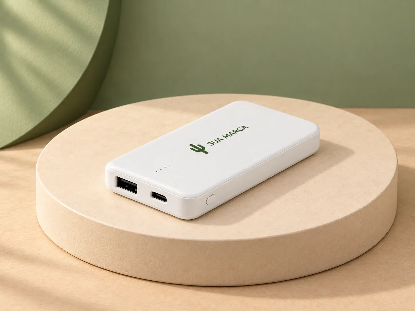 Bateria portátil 4.000 mAh em ABS 100% reciclado, com exemplo de personalização colorida: um cacto e o texto “SUA MARCA” impressos em cor