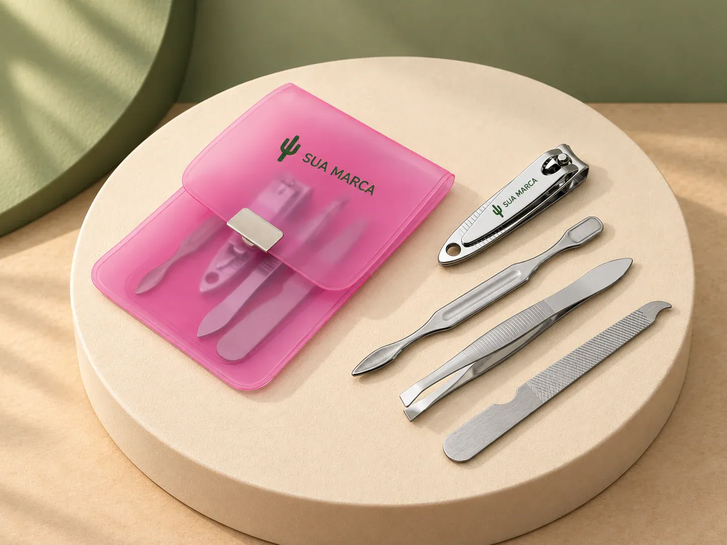 Kit manicure 4 peças em bolsa de PVC, com exemplo de personalização colorida: um cacto e o texto “SUA MARCA” impressos em cor