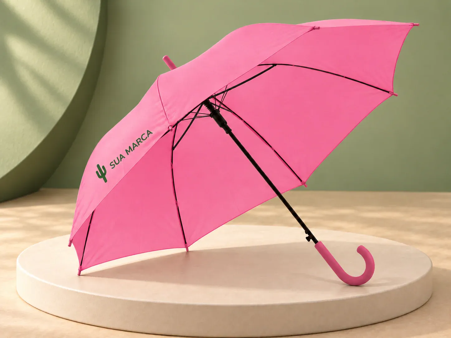 Guarda-chuva em poliéster 190T com abertura automática, com exemplo de personalização colorida: um cacto e o texto “SUA MARCA” impressos em cor