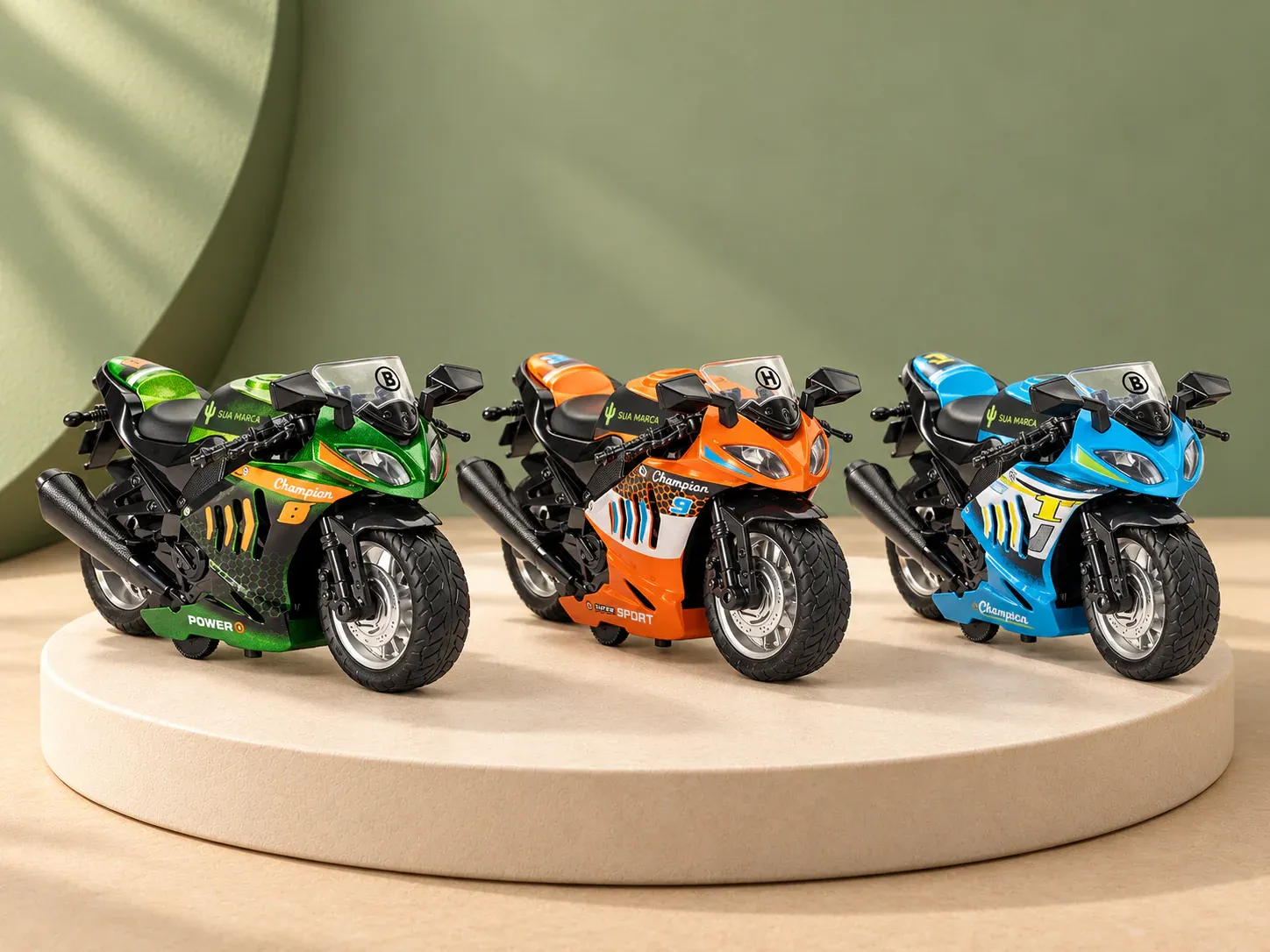 Moto esportiva de brinquedo em miniatura, com exemplo de personalização colorida: um cacto e o texto “SUA MARCA” impressos em cor