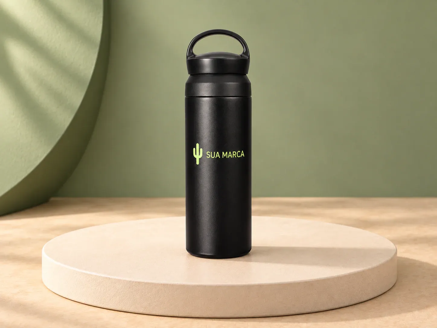Garrafa térmica 500 ml, com exemplo de personalização colorida: um cacto e o texto “SUA MARCA” impressos em cor