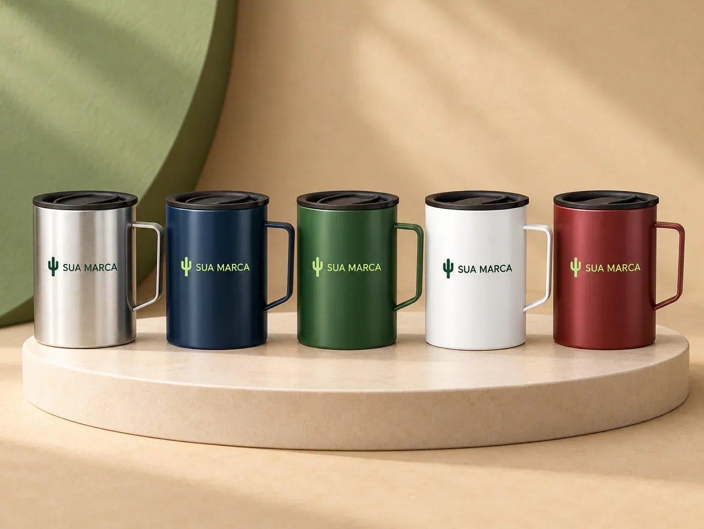 Caneca inox parede dupla 350 ml, com exemplo de personalização colorida: um cacto e o texto “SUA MARCA” impressos em cor