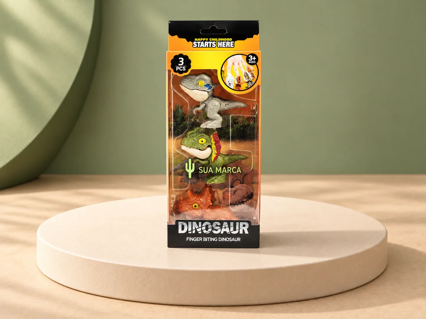 Kit dinossauros de brinquedo 3 peças, com exemplo de personalização colorida: um cacto e o texto “SUA MARCA” impressos em cor