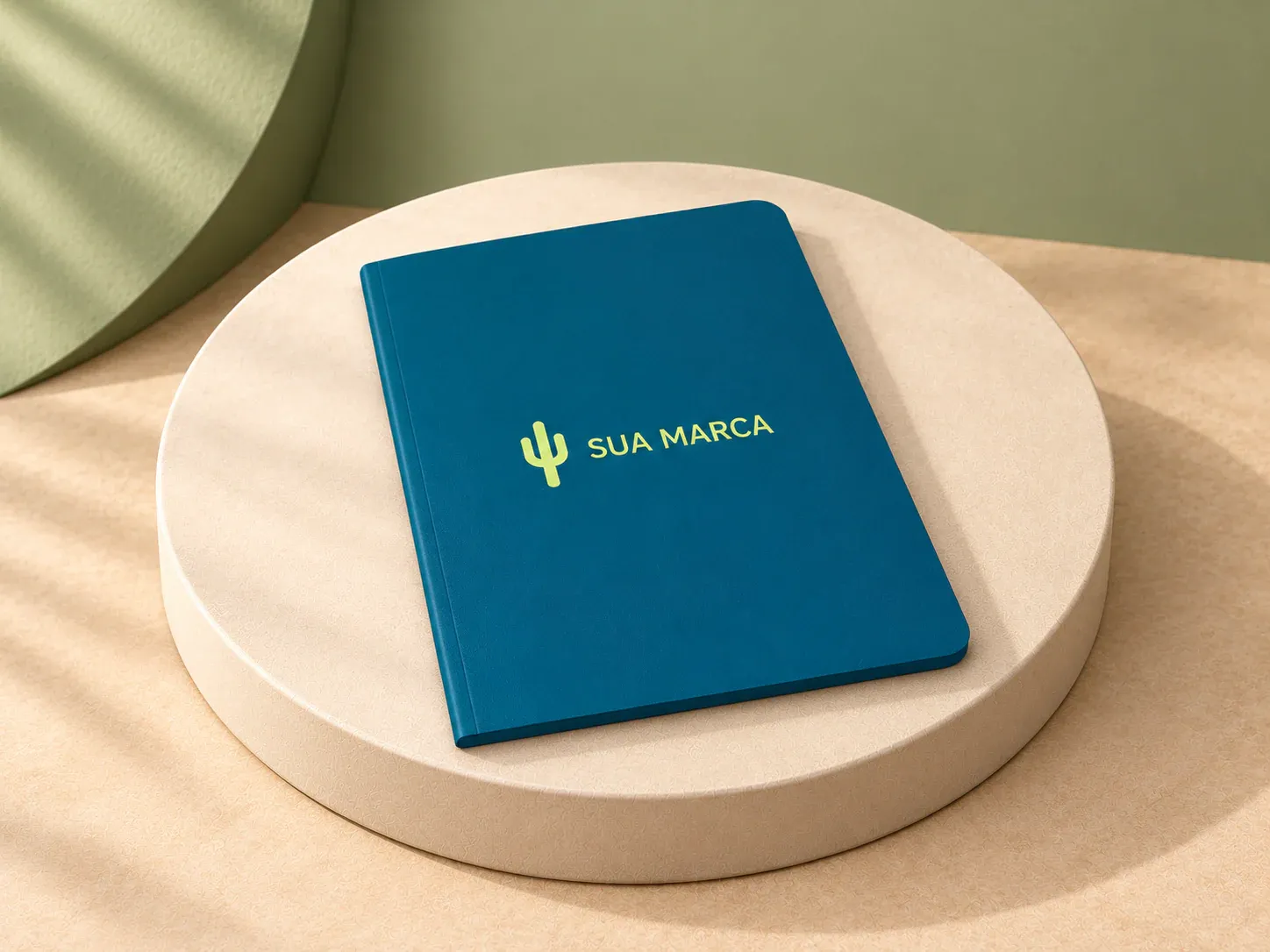 Caderno A5 com capa flexível em papel pedra, com exemplo de personalização colorida: um cacto e o texto “SUA MARCA” impressos em cor