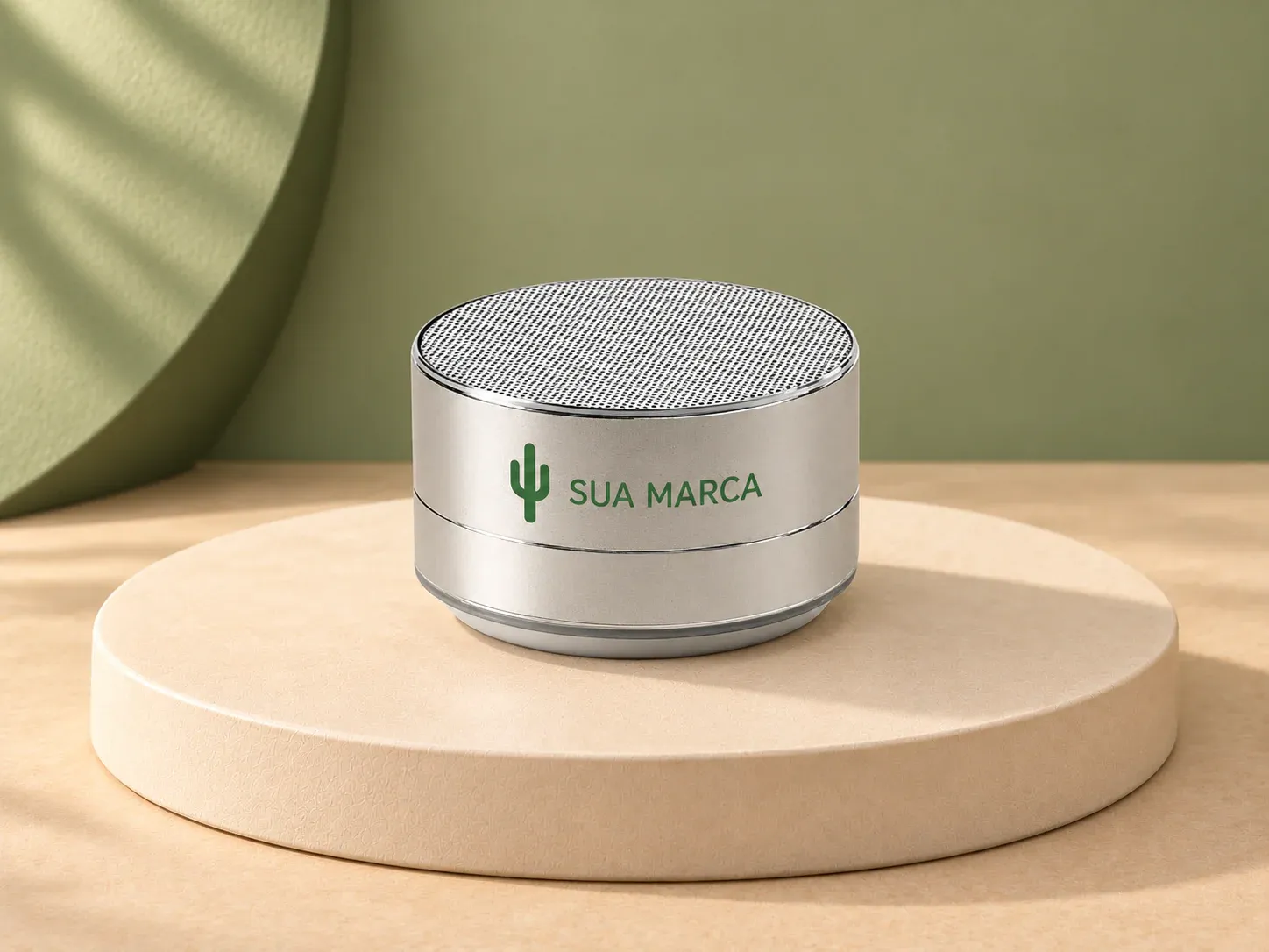 Caixa de som com microfone, com exemplo de personalização colorida: um cacto e o texto “SUA MARCA” impressos em cor