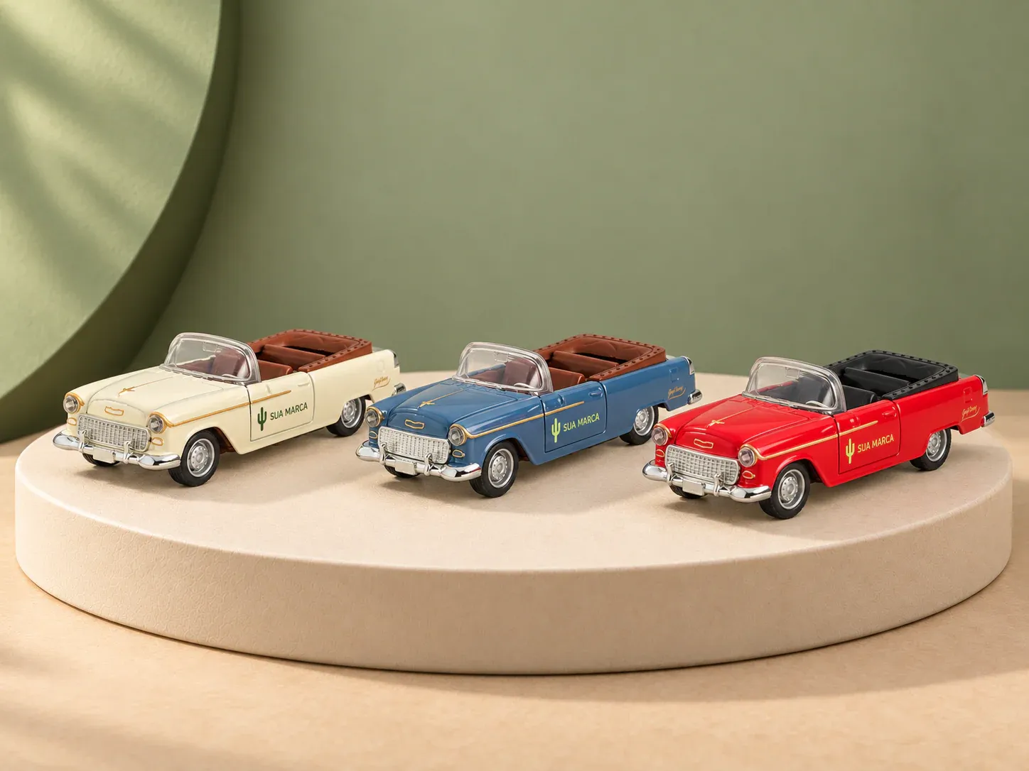 Carrinho de brinquedo em miniatura estilo clássico, com exemplo de personalização colorida: um cacto e o texto “SUA MARCA” impressos em cor