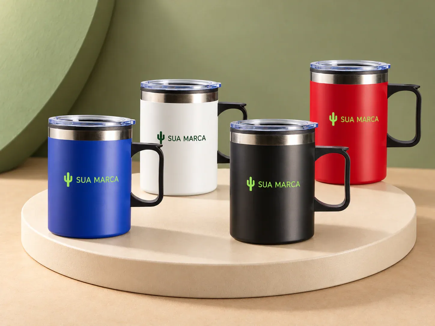 Caneca plástica 375 ml, com exemplo de personalização colorida: um cacto e o texto “SUA MARCA” impressos em cor
