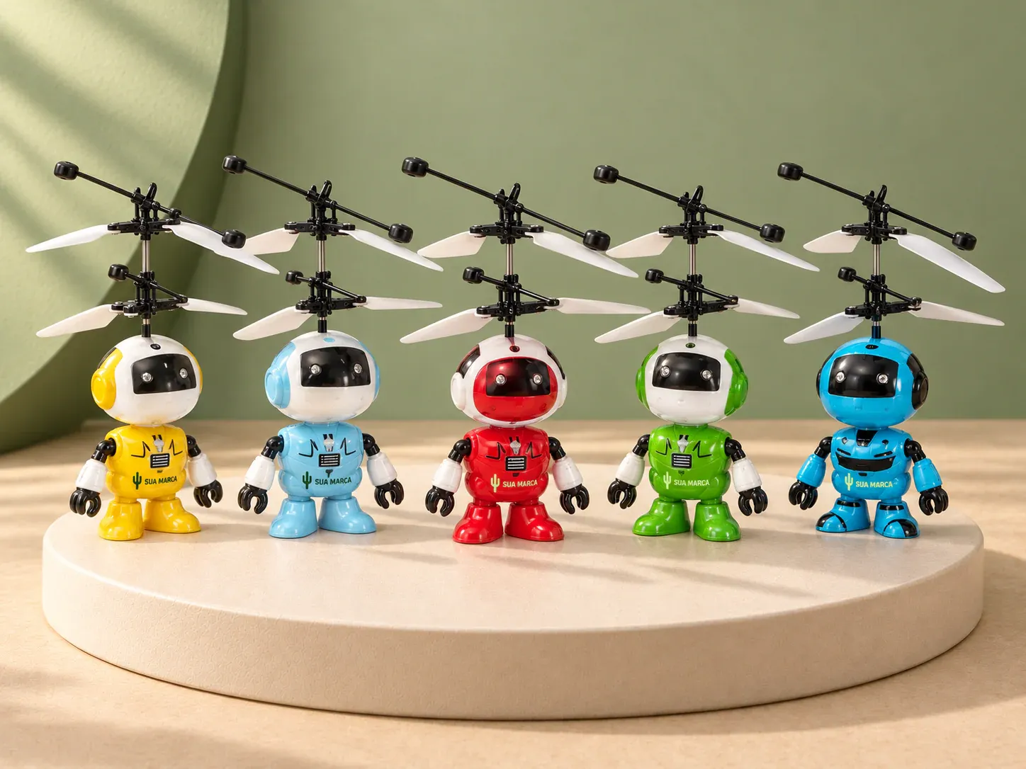 Helicóptero robô de brinquedo, com exemplo de personalização colorida: um cacto e o texto “SUA MARCA” impressos em cor