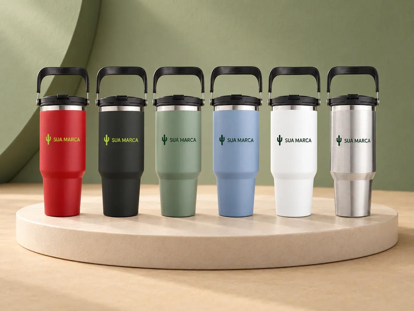 Copo térmico 1,25 L, com exemplo de personalização colorida: um cacto e o texto “SUA MARCA” impressos em cor