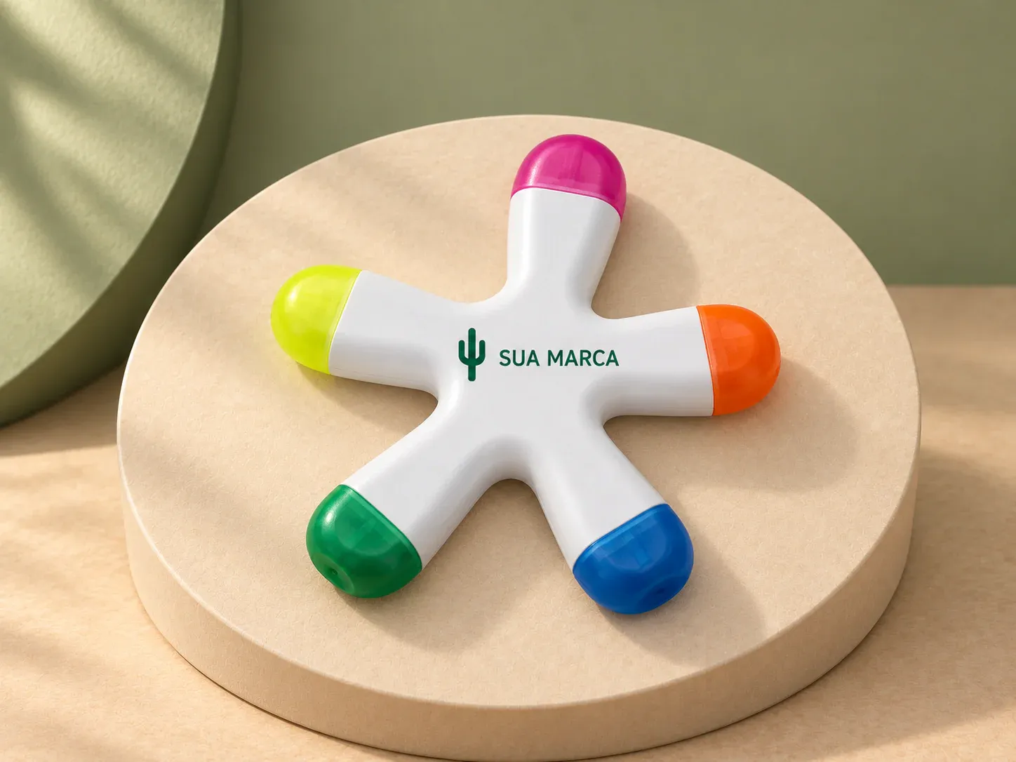 Marca texto splash, com exemplo de personalização colorida: um cacto e o texto “SUA MARCA” impressos em cor
