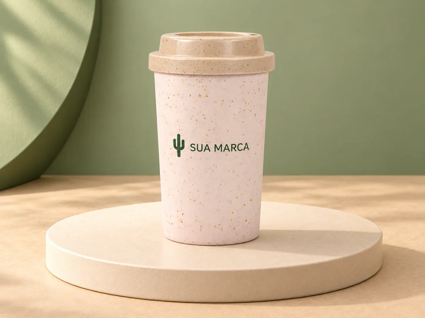 Copo fibra de arroz 350 ml, com exemplo de personalização colorida: um cacto e o texto “SUA MARCA” impressos em cor