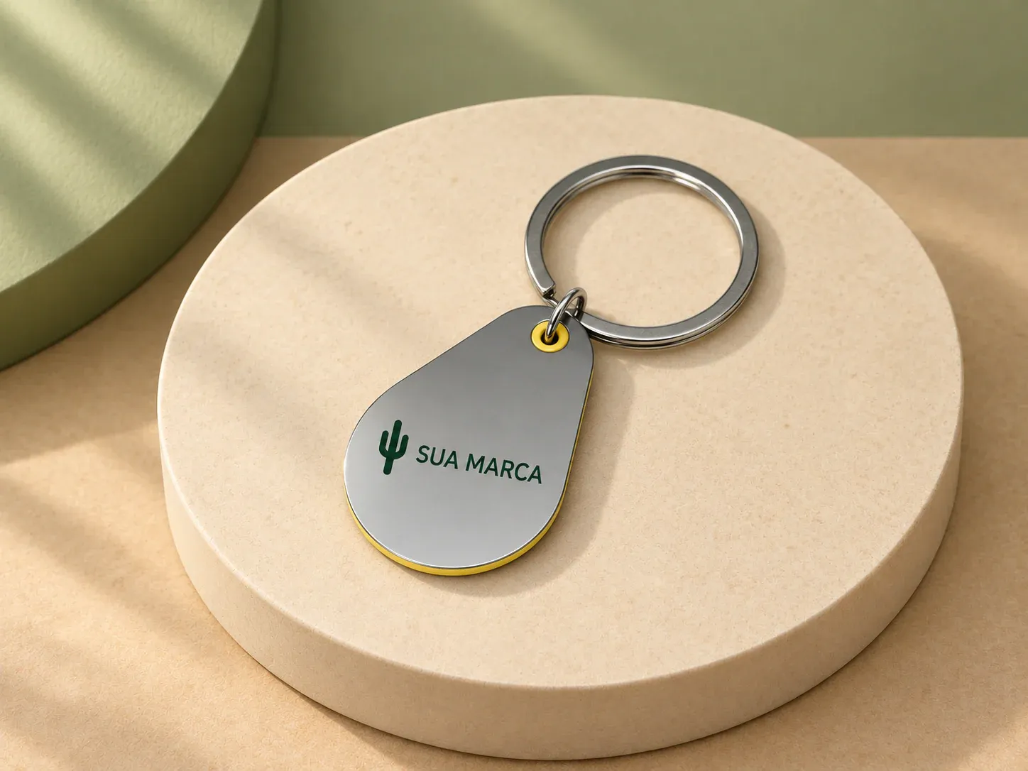 Chaveiro gota com detalhe Amarelo, com exemplo de personalização colorida: um cacto e o texto “SUA MARCA” impressos em cor