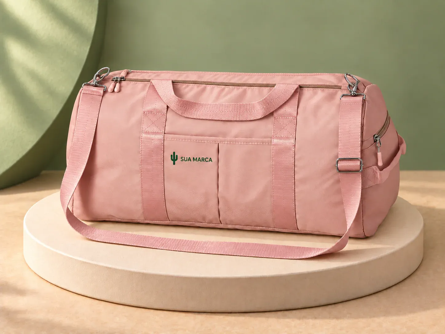 Bolsa esportiva em poliéster 36 L com compartimentos, com exemplo de personalização colorida: um cacto e o texto “SUA MARCA” impressos em cor