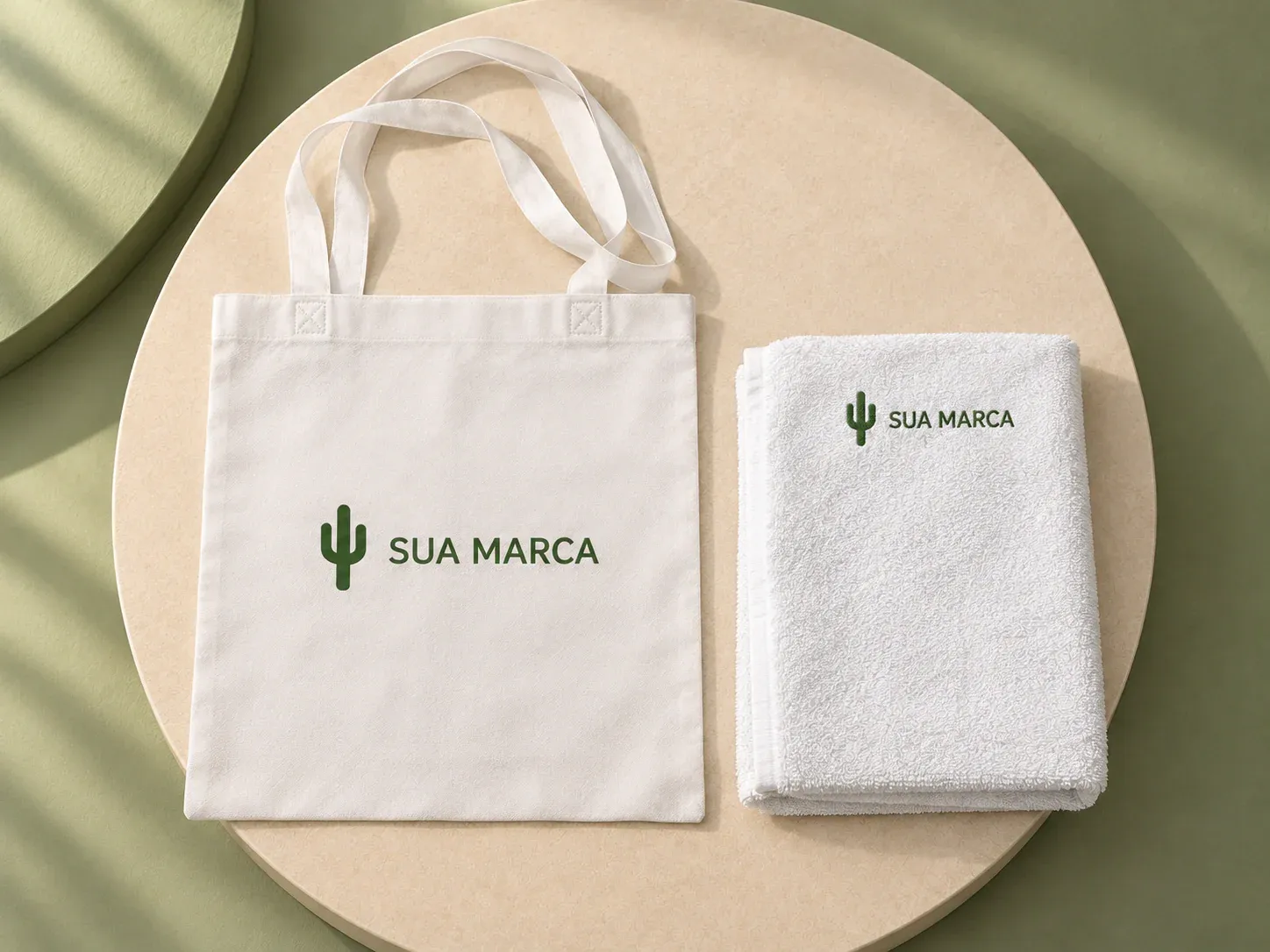 Toalha de praia em veludo de algodão, com exemplo de personalização colorida: um cacto e o texto “SUA MARCA” impressos em cor
