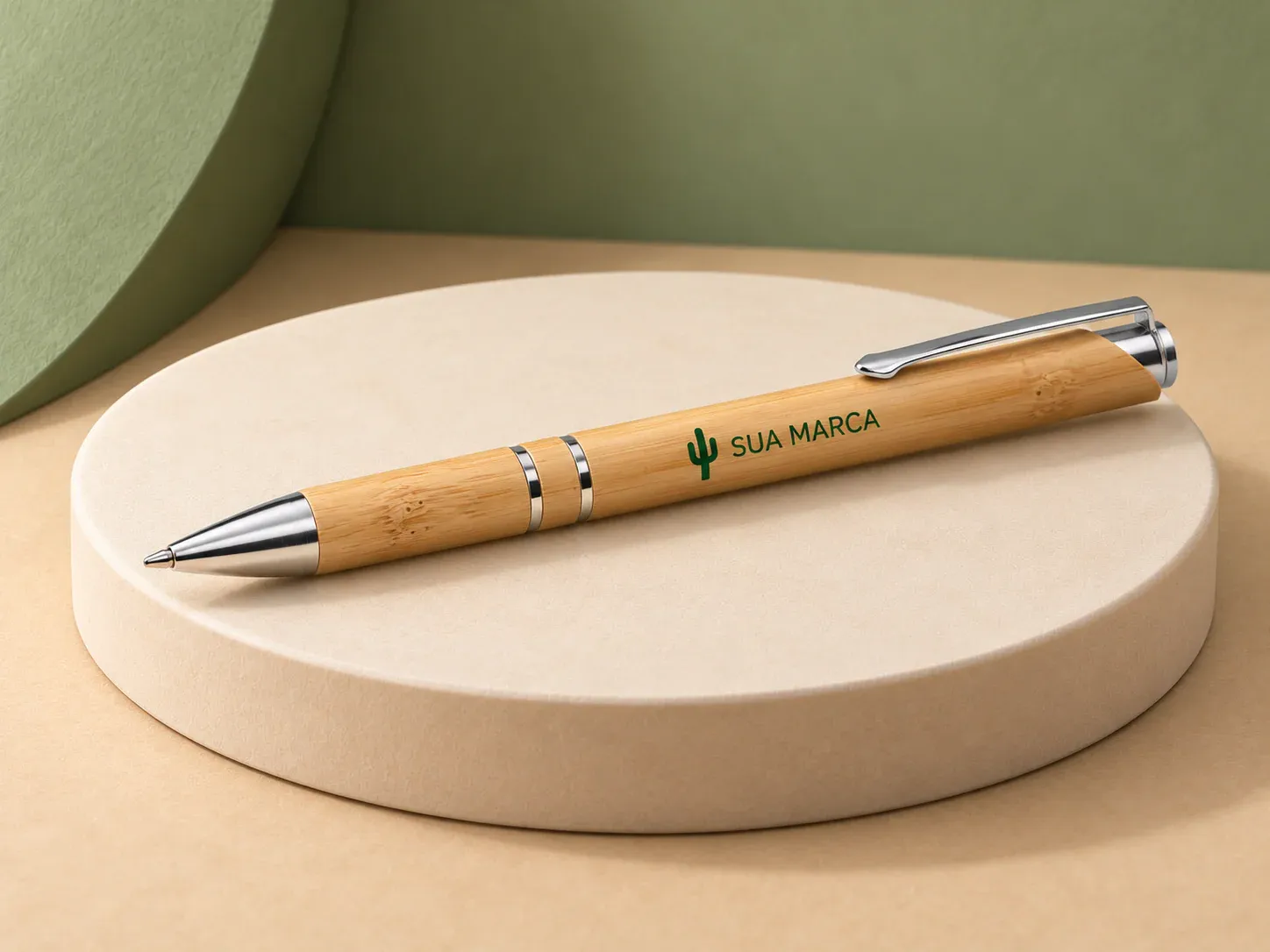 Caneta bambu, com exemplo de personalização colorida: um cacto e o texto “SUA MARCA” impressos em cor