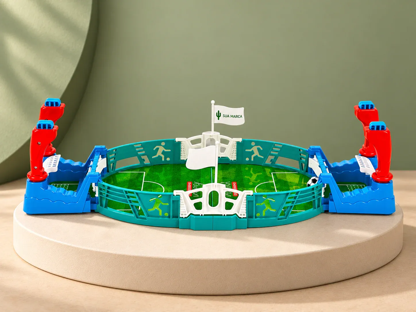 Mini mesa de futebol, com exemplo de personalização colorida: um cacto e o texto “SUA MARCA” impressos em cor