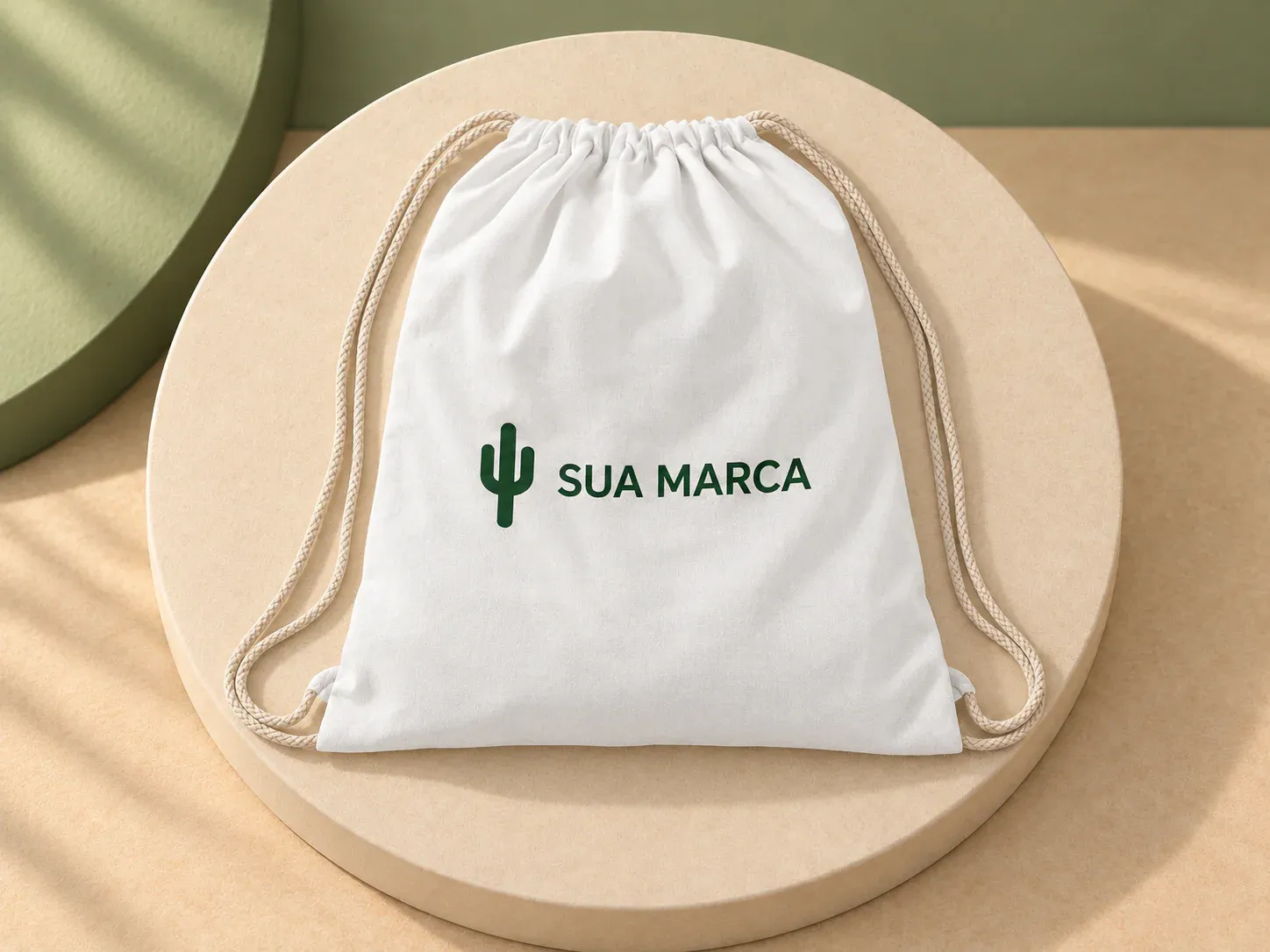 Sacola tipo mochila em algodão 100 g/m², com exemplo de personalização colorida: um cacto e o texto “SUA MARCA” impressos em cor