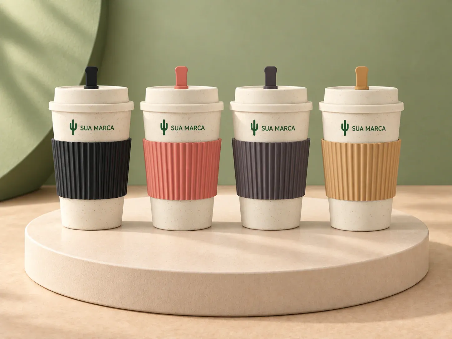 Copo fibra de trigo 450 ml, com exemplo de personalização colorida: um cacto e o texto “SUA MARCA” impressos em cor