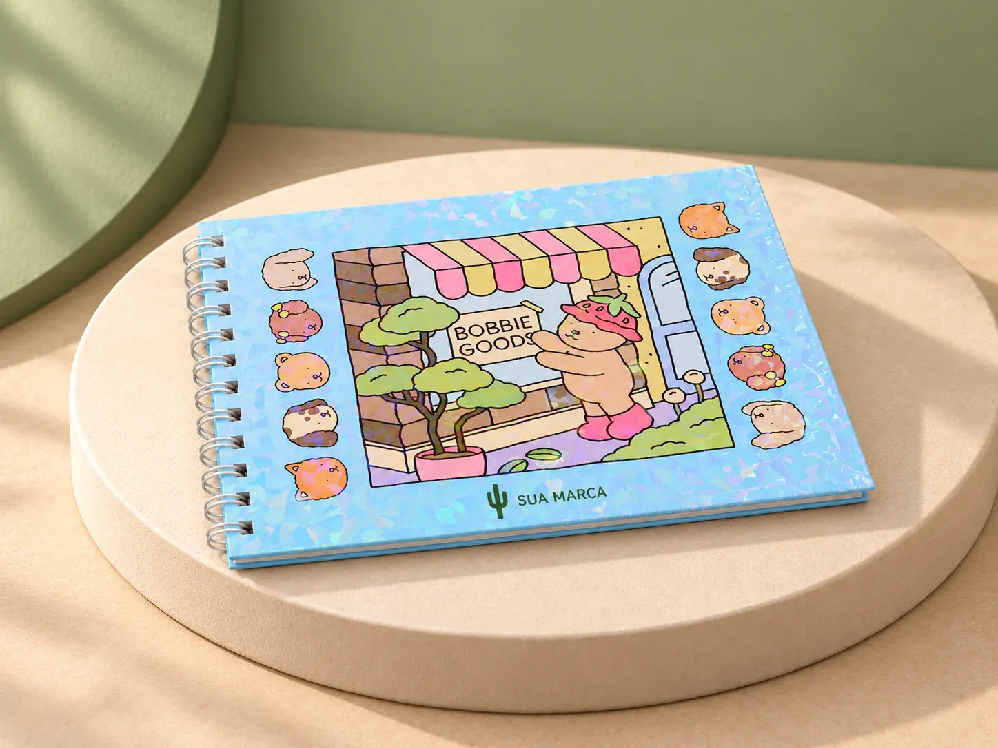 Caderno para colorir capivara, com exemplo de personalização colorida: um cacto e o texto “SUA MARCA” impressos em cor