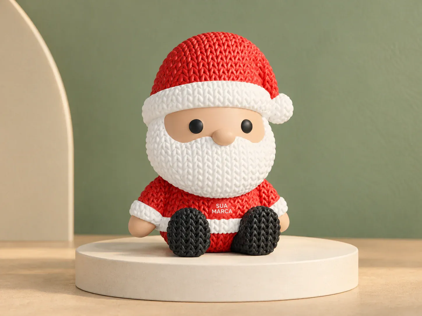 Papai Noel sentado com textura de tricô, com exemplo de personalização colorida: um cacto e o texto “SUA MARCA” impressos em cor