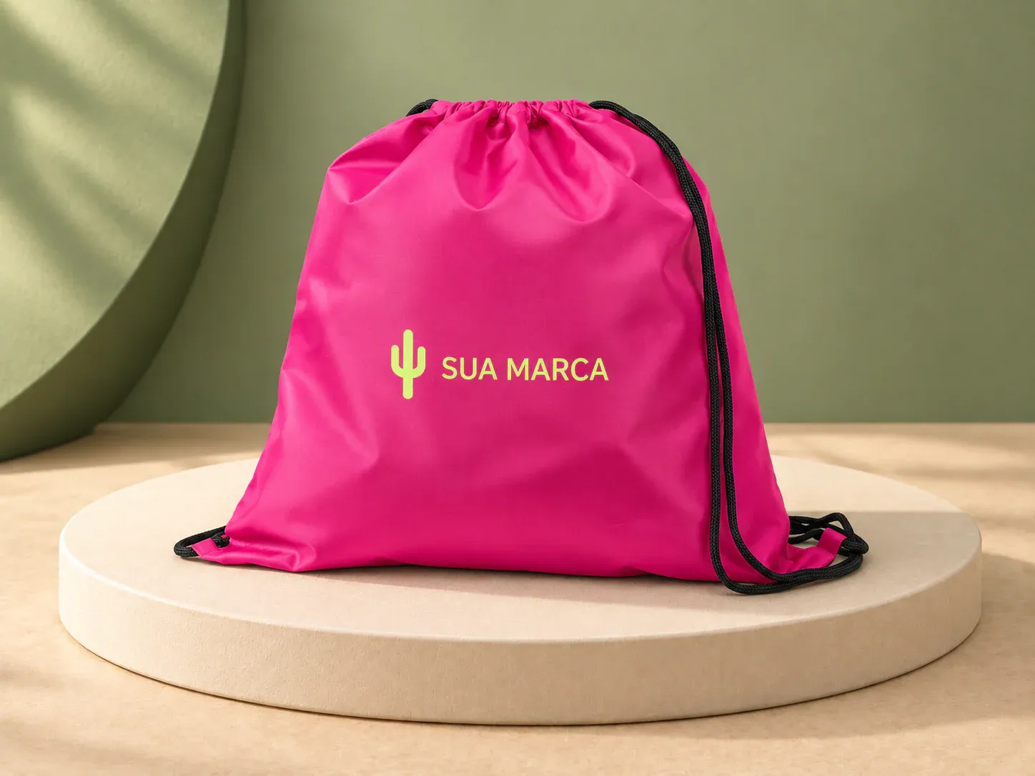 Sacola tipo mochila em 210D com cordões pretos, com exemplo de personalização colorida: um cacto e o texto “SUA MARCA” impressos em cor