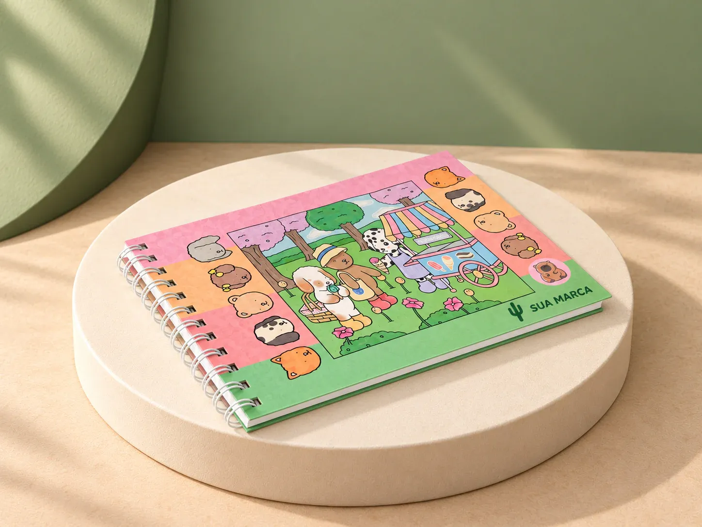 Caderno para colorir desenho animado, com exemplo de personalização colorida: um cacto e o texto “SUA MARCA” impressos em cor