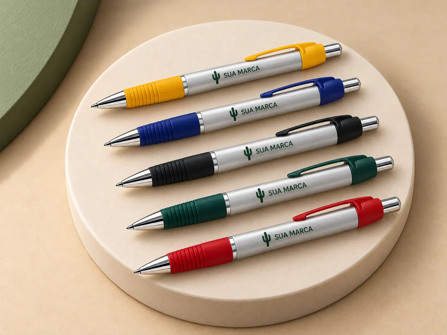Caneta plástica com detalhe emborrachado, com exemplo de personalização colorida: um cacto e o texto “SUA MARCA” impressos em cor
