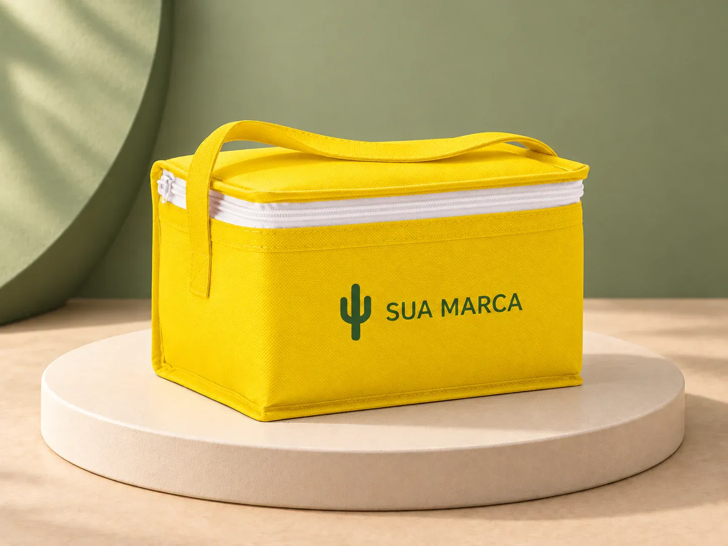 Bolsa térmica em non-woven 3 L, com exemplo de personalização colorida: um cacto e o texto “SUA MARCA” impressos em cor